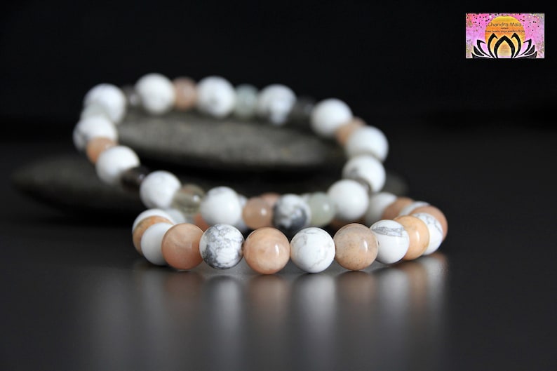 Moonstone Sunstone Howlite Bracelets Set-YinYang Energies-PEACEJOYFEMININE Energy-Yoga Bracelets Set-Wrist Mala-Gemstone Boho Bracelets