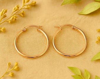 35mm Rose Gold Hoop Earrings | Hypoallergenic Stainless Steel Earrings | Bohemian Chic Elegant Minimalist Hoops | Medium Hoops