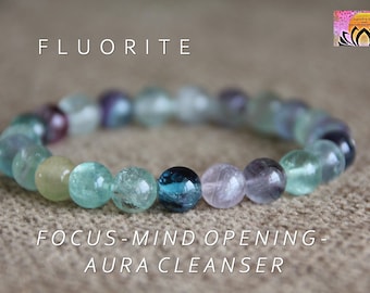 Fluorite Bracelet | FOCUS - Mind OPENING - AURA Cleansing | Heart Third Eye Chakras | Stretchy Gemstone Bracelet | Healing Crystal Bracelet