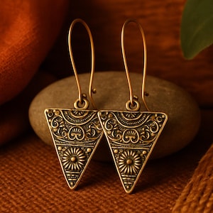 Original Bronze Triangle Earrings | Antique Bronze | Large Triangle Metal Charm Earrings | Rustic Boho Ethnic Jewelry | Statement Earrings