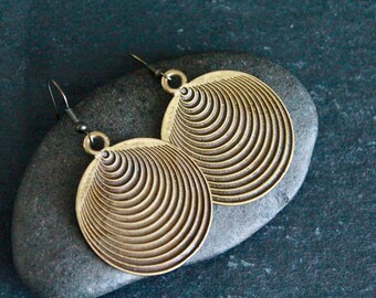 Original Bronze Earrings | Antique Bronze | Geometric Decorated Charm Earrings | Unique Boho Ethnic Jewellery | Large Round Metal Earrings
