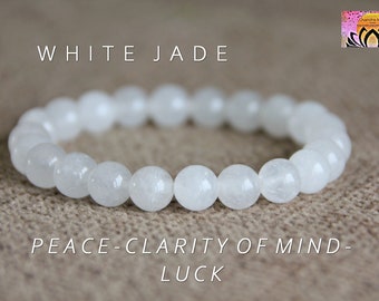 White Jade Bracelet | PEACE/CLARITY of Mind/LUCK | Heart and Crown Chakra | Healing Gemstone Bracelet | Organic Bracelet | Natural Jewellery