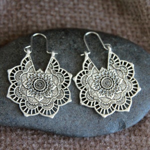 Silver Flower Hoops | Flower Brass Earrings | Hammered Hoops | Indian Hoops | Hippie Boho Ethnic Tribal Festival Jewelry | Mandala Earrings