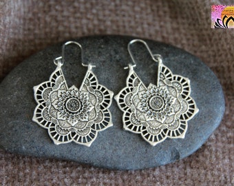 Silver Flower Hoops-Flower Brass Earrings-Hammered Hoops-Indian Hoops-Hippie Boho Ethnic Tribal Festival Original Earrings-Yoga Jewellery