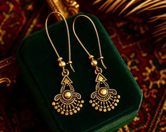 Ethnic Sun Earrings | Antique Bronze | Light Long Metal Charm Earrings | Original Boho Tribal African Inca Aztec Earrings | Rustic Earrings