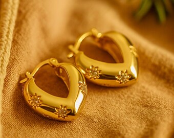 Chunky Shiny Stars Hoops | 18k Gold | Cubic Zirconia | 23mm | 7mm Thick Wide Side | Gorgeous Statement Earrings