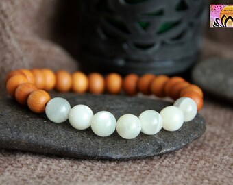 White Moonstone Sandalwood Bracelet | Gemstone Wood Stretchy Bracelet | Fertility Bracelet | Boho Stacking Crystal Bracelet | Gift for Her