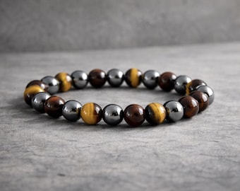 Red and Yellow Tigers Eye Hematite Bracelet | PROTECTION | GROUNDING | VITALITY | Natural Gemstone Stretchy Bracelet | 8mm | Unisex