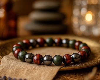 Serpentine Hematite Red Tigers Eye Bracelet | MENTAL Stability/CONFIDENCE/SURVIVAL | Gemstone Stretchy Bracelet | Crystal Healing Bracelet