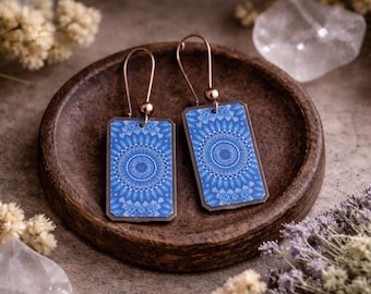 ONLY ONE | Blue Mandala Earrings | Rectangle Charm Earrings | Oxidized Copper Charm | Original Handcrafted Artisan Earrings | Ethnic Jewelry