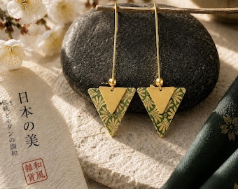 Green and Gold Triangle Earrings | Japanese Paper Metal Charm Earrings | Long Light Boho Earrings | Handmade Jewelry | Statement Earrings