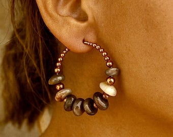 Black Moonstone Hoop Earrings | Natural Stone Earrings | Crystal Copper | Original Gemstone Hoops | Boho Ethnic Hippie Jewelry | 30mm