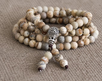 Picture Jasper Mala | Mala Beads | Stretchy Necklace | BALANCING/NURTURING | Buddhist Prayer Beads | Yoga Meditation | Natural Gemstone |6mm