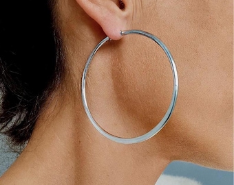 55mm Very Large Silver Hoop Earrings | Hypoallergenic Stainless Steel Earrings | Original Modern Wide Flat Side Hoops