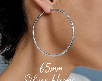 65mm Very Large Silver Hoop Earrings | Hypoallergenic Stainless Steel Earrings | Original Modern Wide Flat Side Hoops | Oversized Hoops