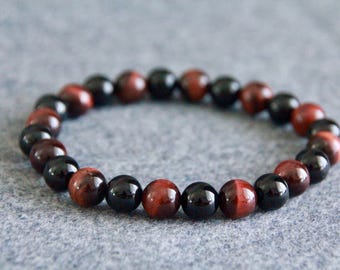 Red Tigers Eye Tourmaline Bracelet | PROTECTION CONFIDENCE SURVIVAL | Gemstone Stretchy Bracelet | Unisex Crystal Healing Bracelet | 8mm
