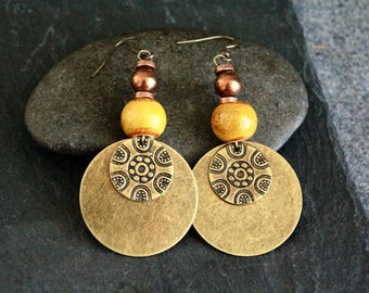 Boho Bronze Charm Earrings | Large Dangle Earrings | Ethnic Metal Charm Earrings | Bohemian Rustic Jewellery | Bold Statement Earrings