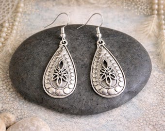 Silver Teardrop Earrings | Antique Silver | Flower Metal Dangle Earrings | Yoga Bohemian Ethnic Jewelry | 50mm | Pretty Statement Earrings