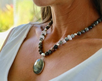 ONLY ONE | Bohemian Quartz and Labradorite Necklace | Statement Necklace | 18" 45cm long | Original Beaded Necklace | Labradorite Pendant
