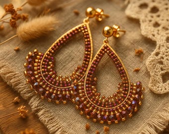Golden Bohemian Handwoven Beaded Earrings | Handmade Beaded Charms | 52mm-Artisanal Earrings | Handcrafted Original | Stainless Steel Studs