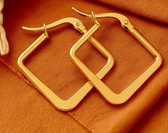 Square Flat Edge Hoops | 25mm | Hypoallergenic Stainless Steel Earrings | 18k Gold | Wide Side | Boho Ethnic Tribal Original Earrings