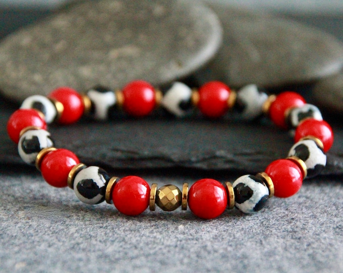 Featured listing image: Red Tibetan DZI Bracelet | Red Jade Dzi Agate | Stretchy Gemstone Bracelet | Unisex | Original Organic Natural Jewelry | Statement Bracelet