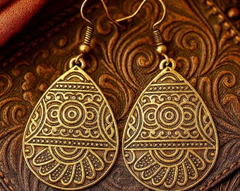Bronze Earrings | Antique Bronze or Copper | Hammered Metal Earrings | Bohemian Ethnic Jewelry | Original Large Dangle Earrings | 47mm long