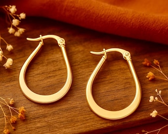 Flat Side Teardrop Hoops | 20x27mm | Hypoallergenic Stainless Steel with 18k Gold Plating | Flat Wide Side Hoops