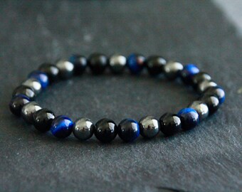 Obsidian Hematite Blue Tigers Eye Bracelet | PROTECTION/CONFIDENCE/SURVIVAL | Gemstone Stretchy Bracelet | Unisex Crystal Healing Bracelet