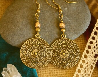 Bronze Earrings | Antique Bronze | Long Dangle Earrings With Crafted Czech Glass Beads | Metal Charm Earrings | Boho Ethnic Rustic Jewellery