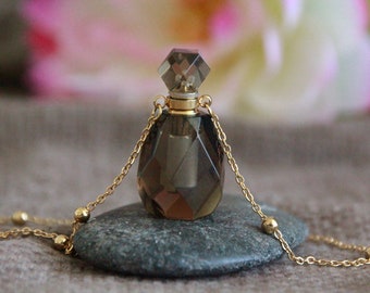 Natural Smoky Quartz Perfume Bottle Necklace | Openable Bottle 35x20x15mm | Brass Chain 65cm