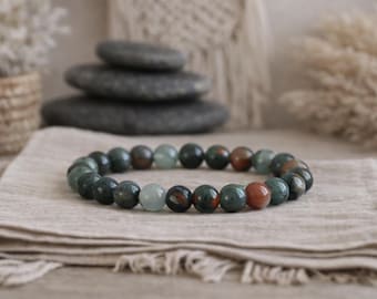 African Bloodstone Bracelet | Natural Gemstone Stretchy Bracelet | Stacking Bracelet | Mala Bracelet | Boho Crystal Jewelry | 8mm | Unisex