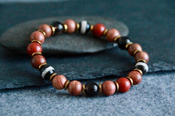 Rosewood Ethnic Bracelet | Red Jasper Smoky Quartz Dzi Beads