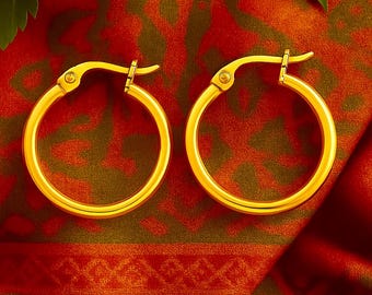 30mm Golden Hoops Earrings | 18K Gold Plated Hypoallergenic Stainless Steel Earrings | Original Bohemian Modern Earrings | Medium Hoops