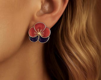 Red Flower Studs | 22mm | Brass Enamel Earrings | Cubic Zirconia Detail | Boho Colourful Earrings | Original Statement Bohemian Studs