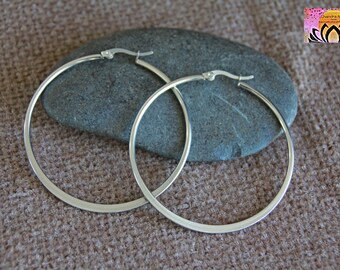 55mm Very Large Silver Hoop Earrings-Hypoallergenic Stainless Steel Earrings-Modern Original Flat Side Hoops-Bohemian Ethnic Tribal Earrings