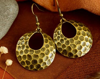 Hammered Bronze Earrings | Antique Bronze | Bronze Dangle Earrings | Metal Earrings | Yoga Bohemian Ethnic Jewellery | Large Dangle Earrings