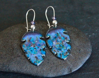 ONLY ONE | Original Monstera Leaf Earrings | Handmade Enamel Charm | Indigo | Copper | Silver Ear Wire | Handcrafted Artisanal Boho Earrings