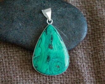 Malachite Chrysocolla Pendant-56x30mm-Natural Gemstone Pendant-Sterling Silver-Crystal Healing Pendant-Organic Quality Stone Jewellery