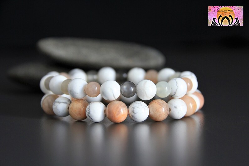 Moonstone Sunstone Howlite Bracelets Set-YinYang Energies-PEACEJOYFEMININE Energy-Yoga Bracelets Set-Wrist Mala-Gemstone Boho Bracelets