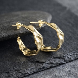 Chunky Textured Stud Hoops | 18k Gold | Golden Half Hoops | C Shape Hoops | Open Hoops | 30mm | 8mm Thick Wide Hammered Side | Boho Original
