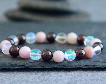 Pink Opal Garnet Aura Quartz Bracelet |  | Natural Gemstone Bracelet | Organic Statement Bracelet | 8mm