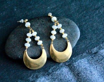Mother of Pearl Earrings | Boho Statement Earrings | Long Dangle Earrings | Brass Metal Charm Earrings | Unique Handmade Jewellery