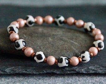 Tibetan DZI Bracelets | Onyx Ceramic Silver Copper Agate | Gemstone Stretch Bracelet | Original Elegant Jewelry | Statement Bracelet | 6-8mm
