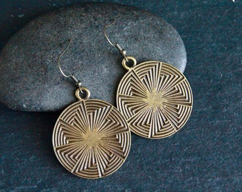 Original Bronze Earrings | Antique Bronze | Geometric Spiral Charm Earrings | Unique Boho Ethnic Jewellery | Large Round Metal Earrings