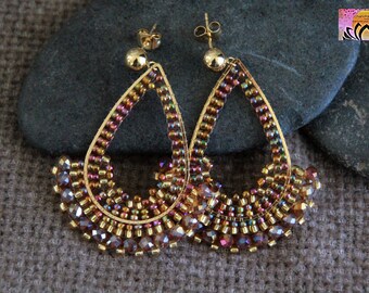 Golden Bohemian Handwoven Beaded Earrings | Handmade Beaded Charms | 52mm-Artisanal Earrings | Handcrafted Original | Stainless Steel Studs