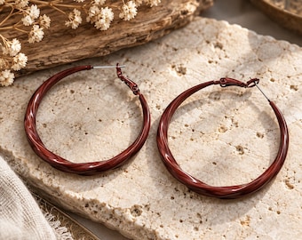 43mm Large Twisted Dark Red Hoops | 4mm Thick |  Sterling Silver Pins | Enamel | Latchback | Original Colourful Hoops