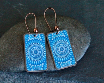 ONLY ONE | Blue Mandala Earrings | Rectangle Charm Earrings | Oxidized Copper Charm | Original Handcrafted Artisan Earrings | Ethnic Jewelry