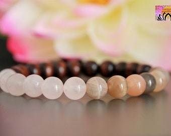 Fertility Bracelet-Moonstone Rose Quartz Bracelet-Wrist Mala-Stretchy Beaded Yoga Bracelet-Chakra Reiki Boho Healing Bracelet