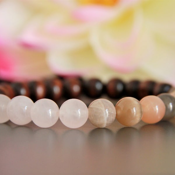 Fertility Bracelet-Moonstone Rose Quartz Bracelet-Wrist Mala-Stretchy Beaded Yoga Bracelet-Chakra Reiki Boho Healing Bracelet